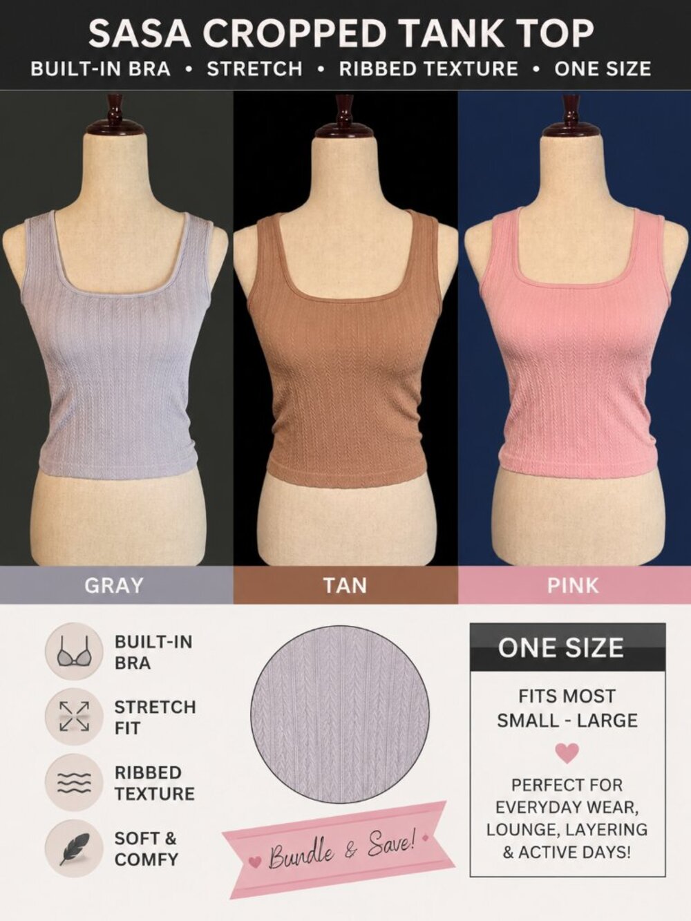 SASA Built-In Bra Tank Brami Bundle 3 Pink Tan Gray One Size NWT